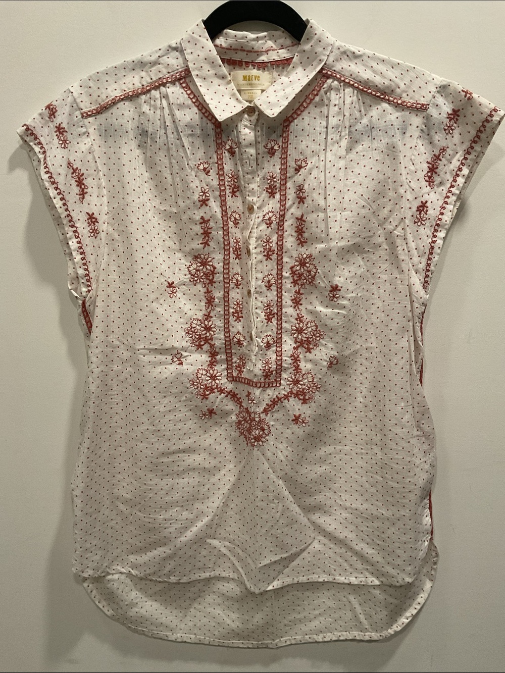 Maeve White Cap-Sleeve Blouse with Red Embroidery